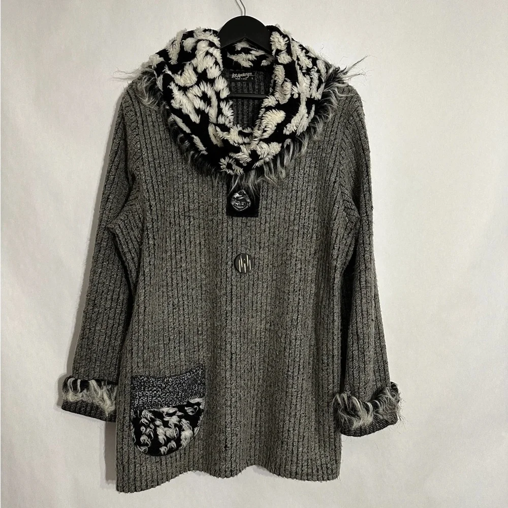 LEE ANDERSEN Gray Sweater with Fuzzy Trim and Patterned Cowl Large Vintage - Picture 2 of 8